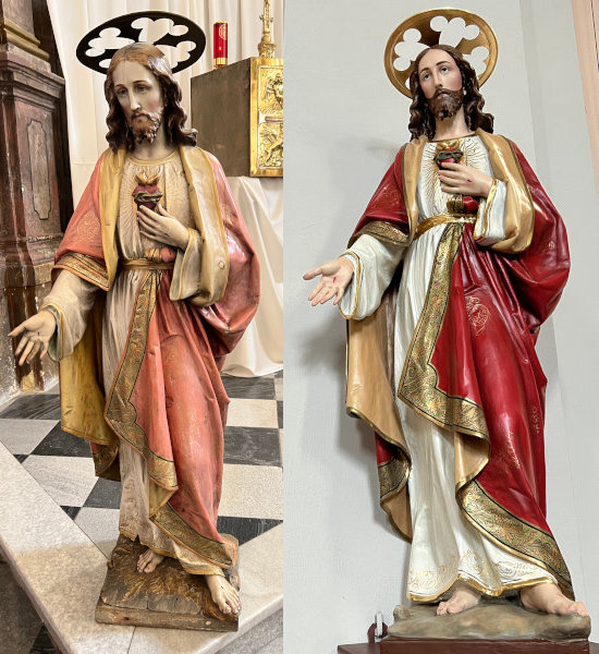 Figura Najświętszego Serca Pana Jezusa przed i po renowacji