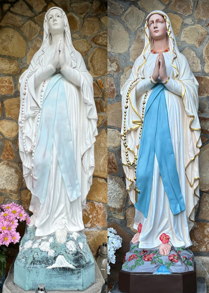 Figura Matki Bożej z Lourdes przed i po renowacji