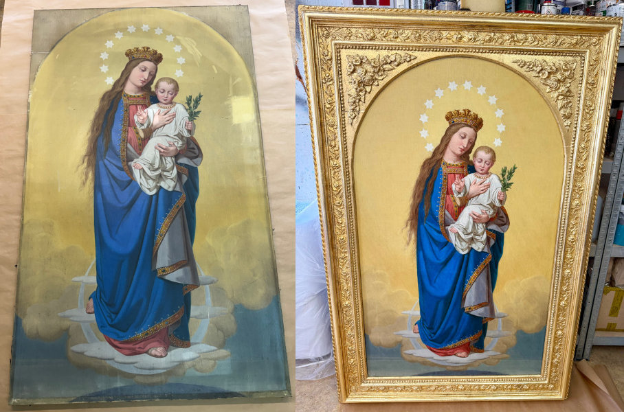 Obraz Matki Bożej z Dzieciątkiem przed i po renowacji wraz ze złoceniem ramy